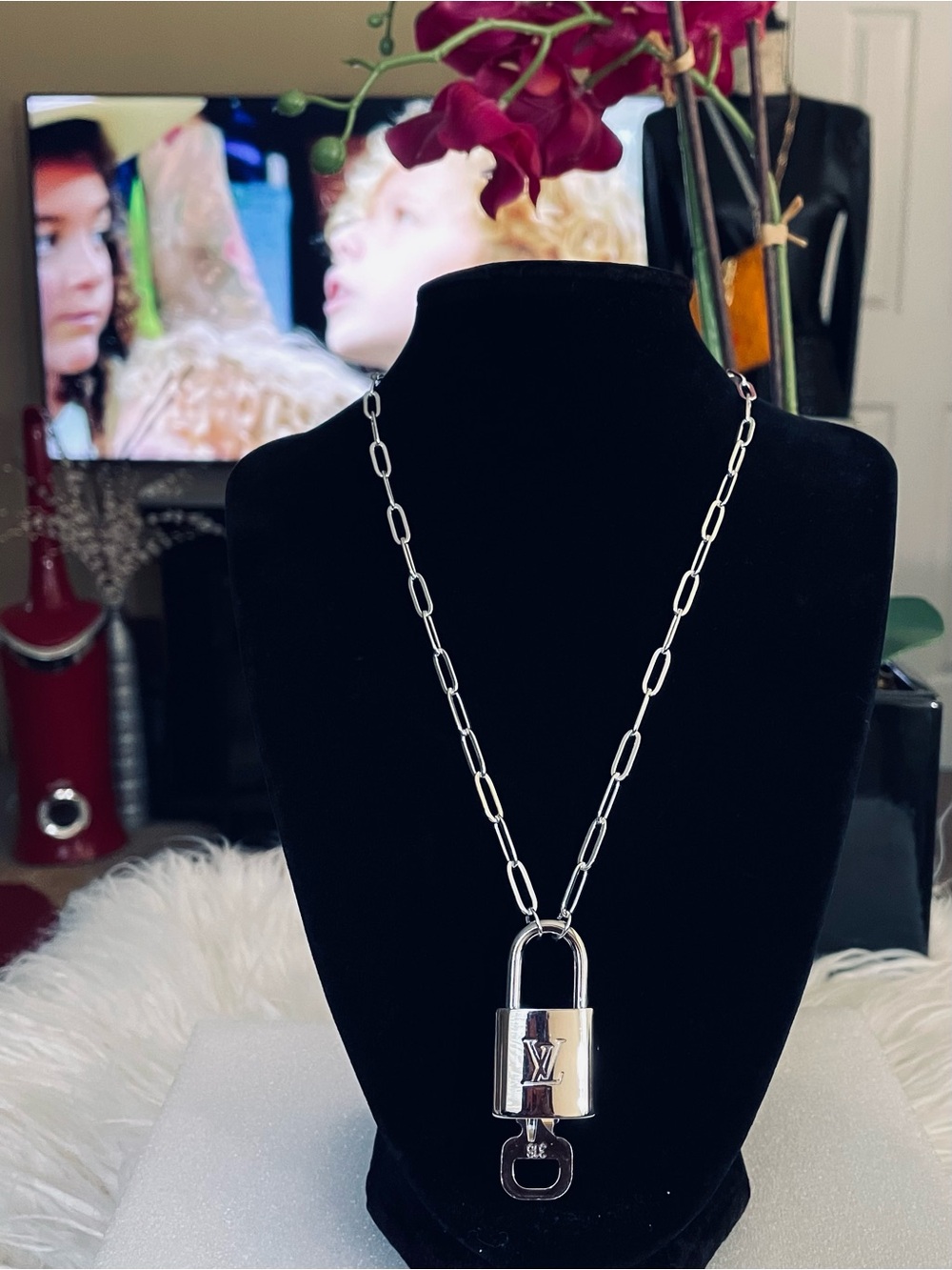 Louis Vuitton Silver Padlock On Stainless Steel Necklace